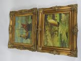two paintings of a man on a boat and a woman on a boat hanging on a wall