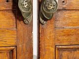 pair of antique brass door handles on a wooden door