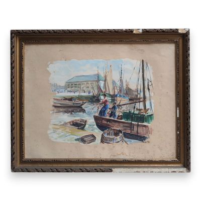 tableau représentant un homme et une femme sur un bateau dans un port