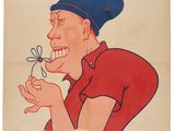 an old poster of a man holding a flower in his hand