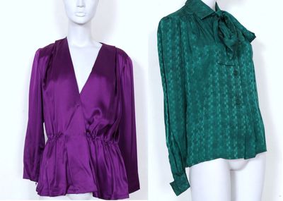 two mannequins dressed in different colors of clothing on a mannequin