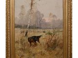 un tableau représentant un chien dans un champ, avec des arbres en arrière-plan