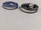 pair of blue and black leather dog leashes with silver buckles