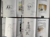 several pages of a book with drawings of people in military uniforms
