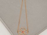 a close up of a gold necklace with a four leaf clover on it