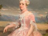 painting of a woman in a pink dress sitting in a field