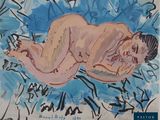 une image représentant un tableau d'une femme nue allongée sur une surface bleue