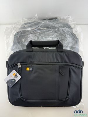 a close up of a black laptop bag on a white surface