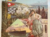 an old french travel poster of a woman on a boat in the water
