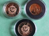 three different coins are in a plastic container on a green surface