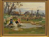 une peinture à l'huile représentant un groupe de personnes assises sur un rocher au bord d'une rivière