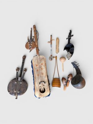 many different types of musical instruments displayed on a white surface