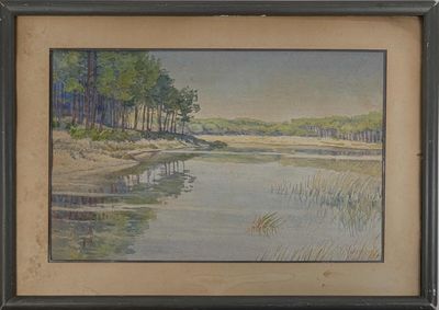 tableau représentant une scène fluviale avec des arbres et de l'eau au premier plan