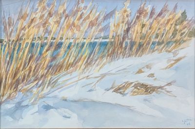 une peinture représentant une peinture d'une plage avec un plan d'eau en arrière-plan