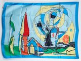 une écharpe bleue et jaune sur laquelle figure l'image d'un homme dans un bateau