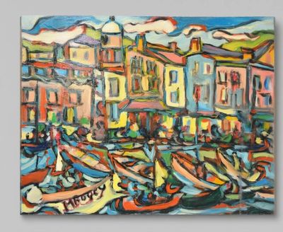 peinture de bateaux dans un port avec des bâtiments en arrière-plan