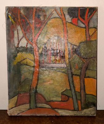 peinture représentant un paysage avec des arbres et une église au loin