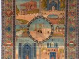 un vieux tapis représentant un bâtiment et une fontaine
