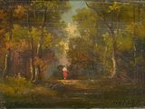 une peinture à l'huile représentant une femme en robe rouge marchant dans une forêt