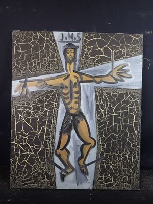 une photo d'un tableau représentant un homme sur une croix