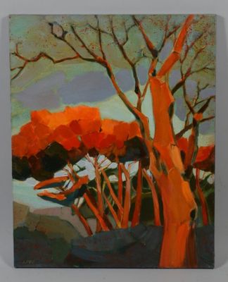 une peinture à l'huile représentant un arbre avec des feuilles orange en arrière-plan