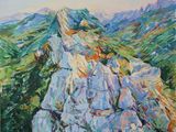 une peinture représentant une peinture d'une montagne avec des rochers