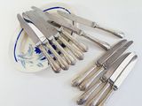 a lot of silverware on a plate with a blue and white plate