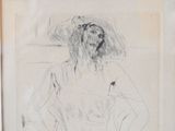a drawing of a woman with a hat on her head