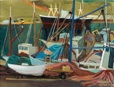 un tableau représentant des bateaux amarrés dans un port, avec des personnes sur le quai