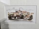 framed watercolor painting of a view of a city with a church