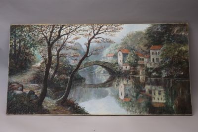l'image d'une peinture représentant un pont au-dessus d'une étendue d'eau