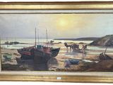 an oil painting of boats on a beach with a sunset in the background
