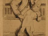 dessin représentant un homme assis sur un banc, coiffé d'un chapeau