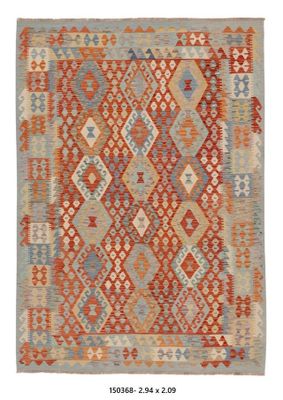 Kilim Afghan en laine Couleur rouge , grie ,beige 294 x 209