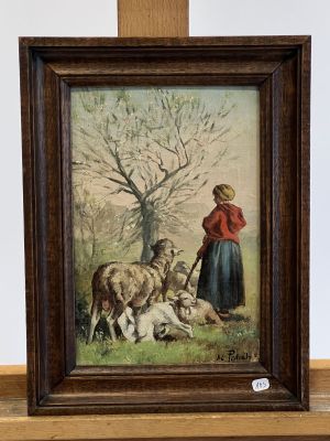 an old painting of a woman with sheep and a dog in a field
