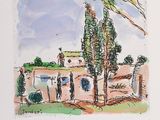 drawing of a house with a tree and a man standing in front of it