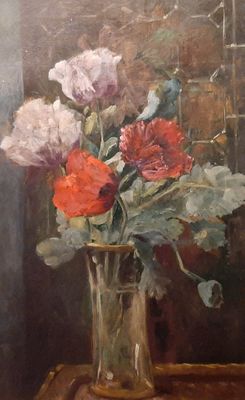une peinture de fleurs dans un vase sur une table