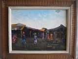 a painting of a group of people holding umbrellas