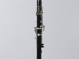 a close up of a black and silver clarinet on a clear stand
