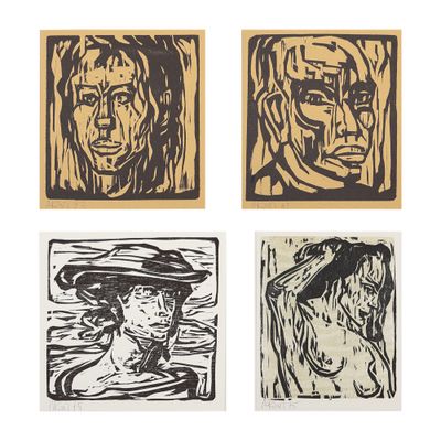 quatre gravures sur bois représentant un homme coiffé d'un chapeau, une femme coiffée d'un chapeau et un homme coiffé d'un