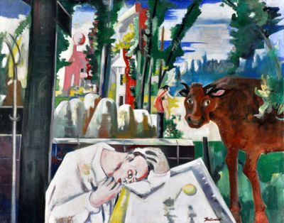 a painting of a woman and a cow in a field
