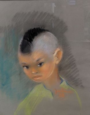 portrait au pastel d'un jeune garçon en chemise verte