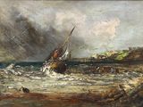 an image of a painting of a boat in rough water