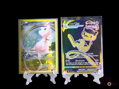 two pokemon cards on display on a black background