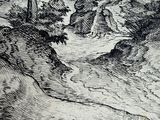 an old black and white drawing of a man and a woman in a wooded area