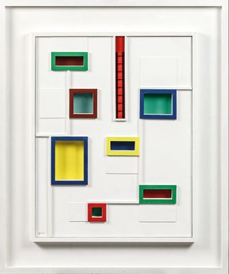 une image représentant un tableau dans un cadre blanc orné de carrés colorés
