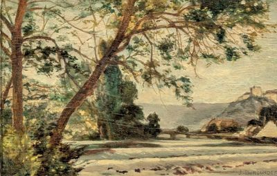 un tableau représentant un paysage avec des arbres et une montagne en arrière-plan