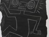 black and white drawing of a man with a boombox on his head