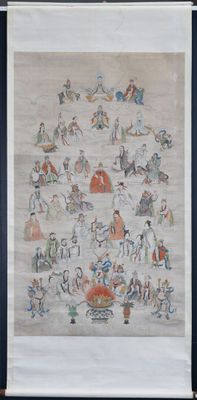 tableau représentant un groupe de personnes à cheval et des chevaux dans un champ