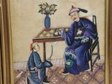 painting of a man sitting at a table with a vase of flowers in front of him